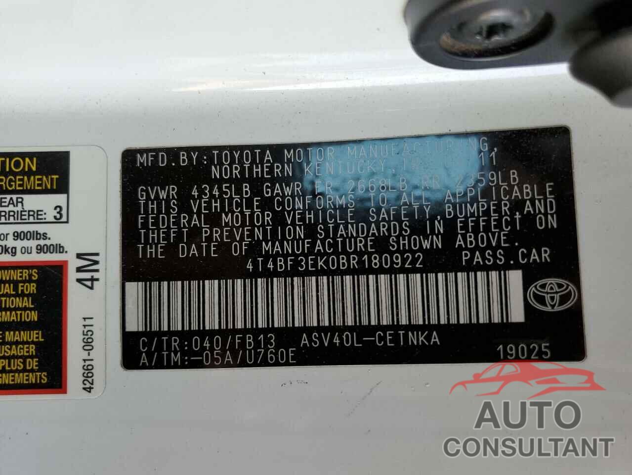 TOYOTA CAMRY 2011 - 4T4BF3EK0BR180922