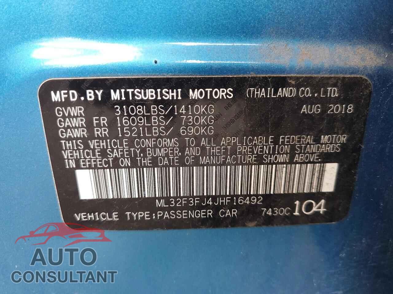 MITSUBISHI MIRAGE 2018 - ML32F3FJ4JHF16492