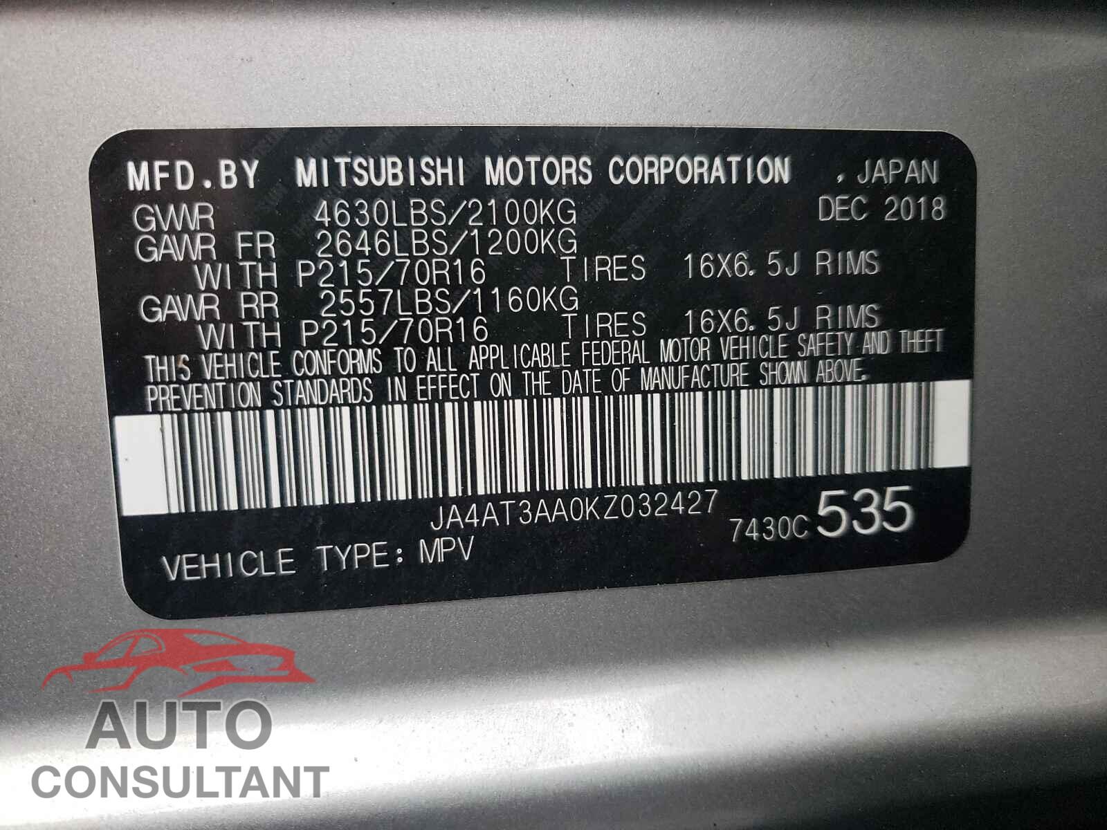 MITSUBISHI ECLIPSE 2019 - JA4AT3AA0KZ032427