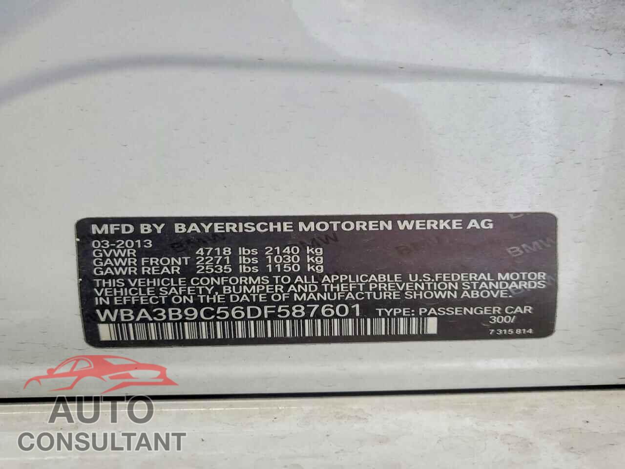 BMW 3 SERIES 2013 - WBA3B9C56DF587601