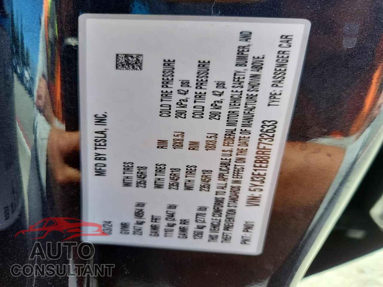 TESLA MODEL 3 2024 - 5YJ3E1EB8RF732633