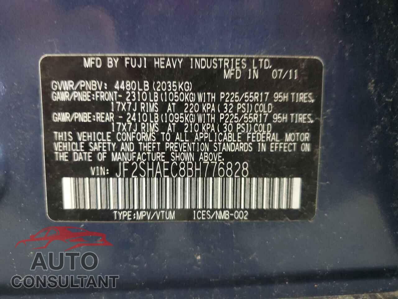 SUBARU FORESTER 2011 - JF2SHAEC8BH776828