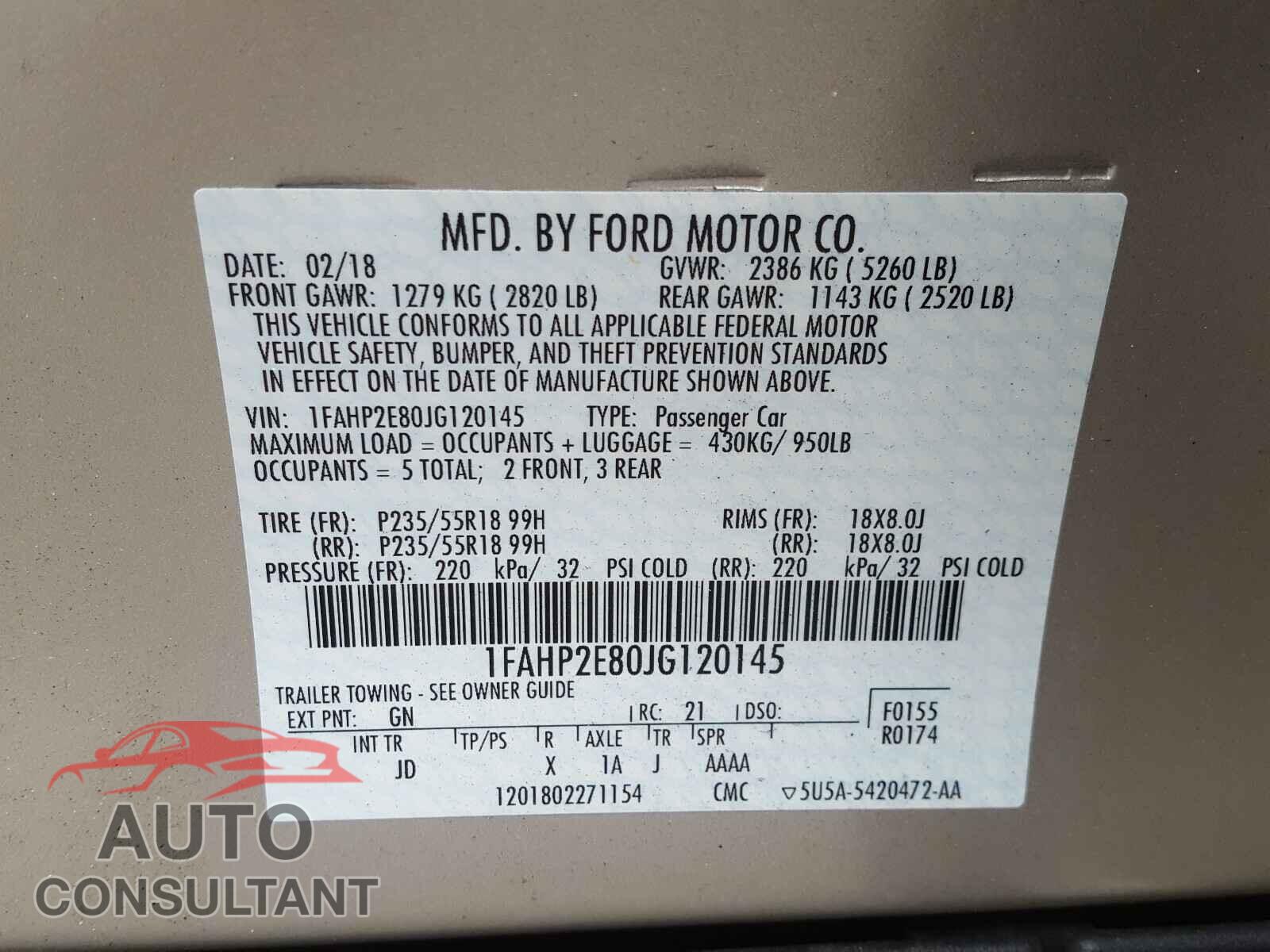 FORD TAURUS 2018 - 1FAHP2E80JG120145
