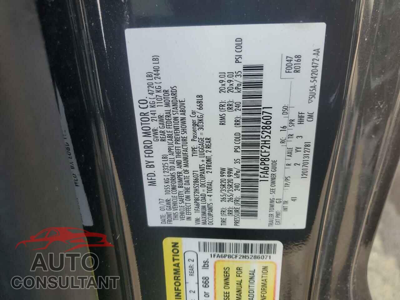 FORD MUSTANG 2017 - 1FA6P8CF2H5286071