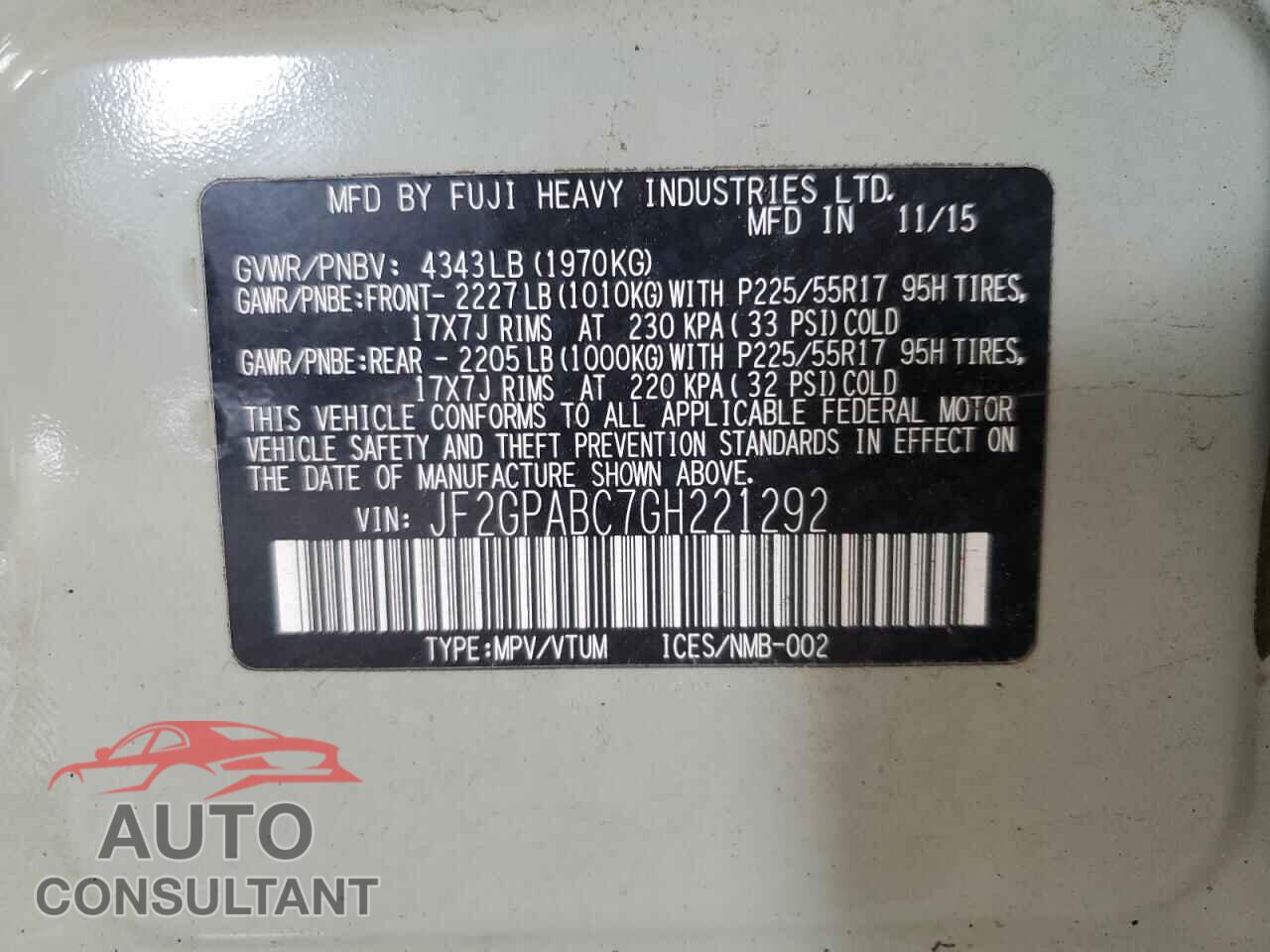 SUBARU CROSSTREK 2016 - JF2GPABC7GH221292