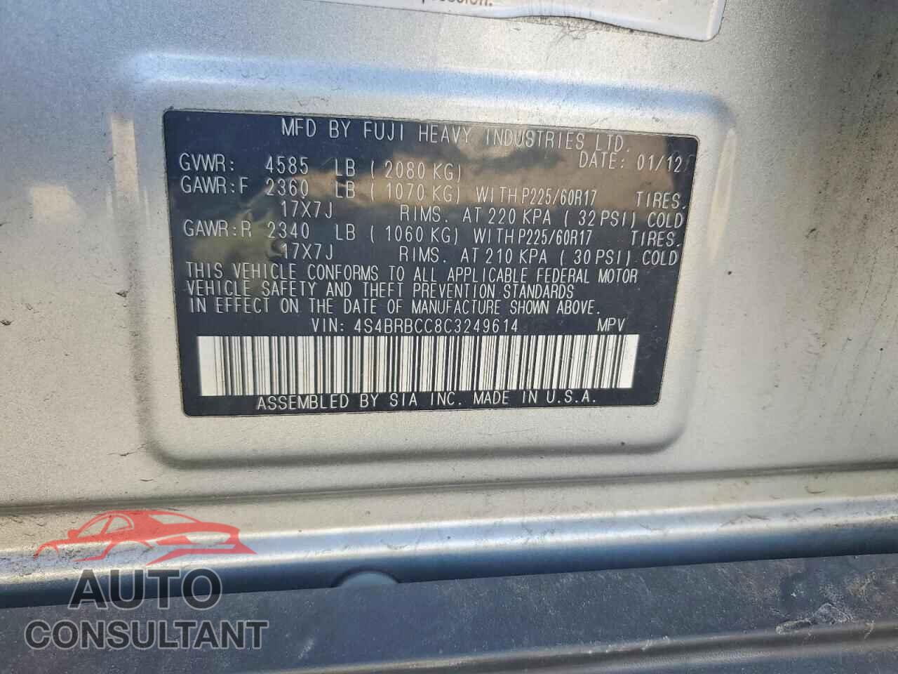 SUBARU OUTBACK 2012 - 4S4BRBCC8C3249614