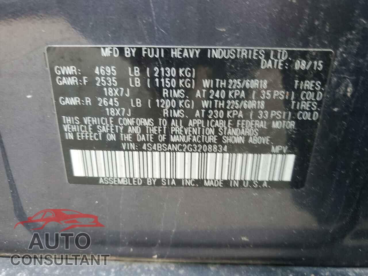 SUBARU OUTBACK 2016 - 4S4BSANC2G3208834