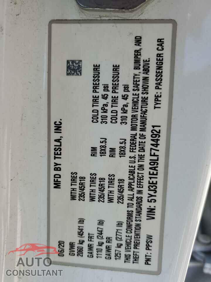 TESLA MODEL 3 2020 - 5YJ3E1EA9LF744921