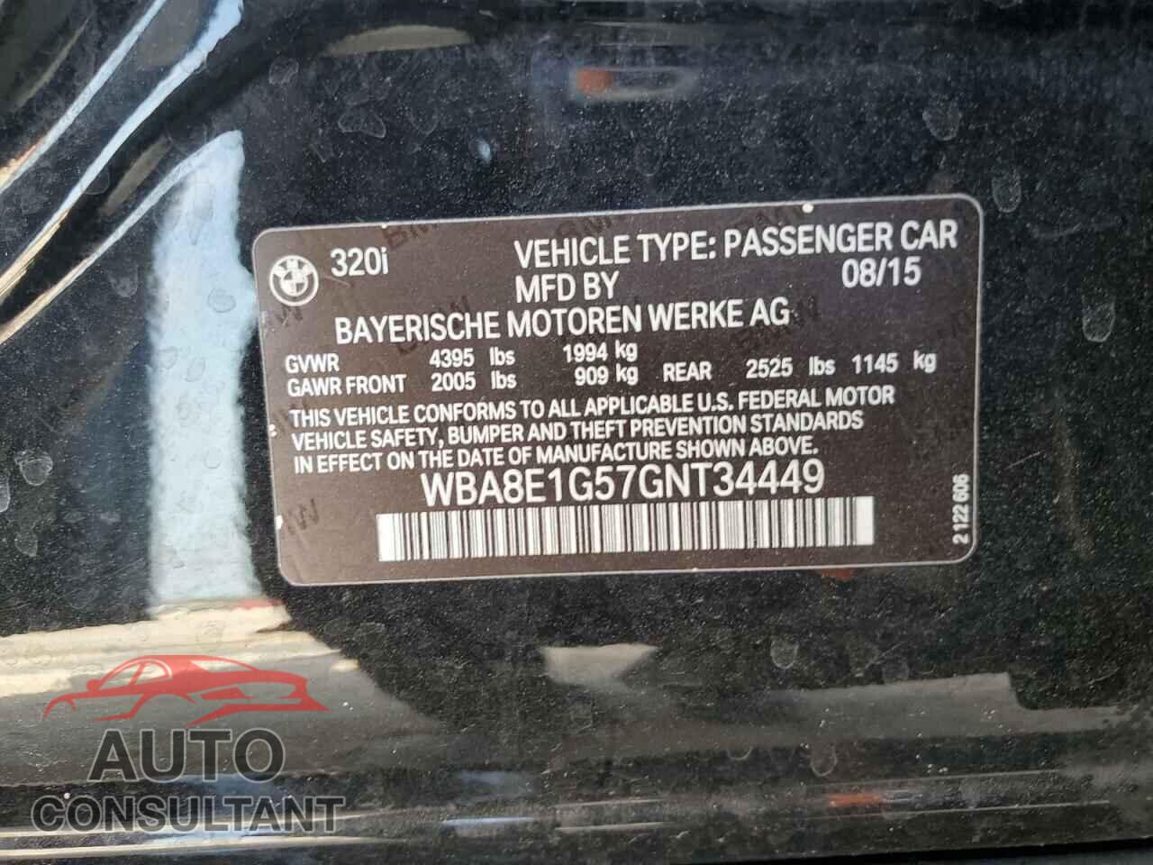 BMW 3 SERIES 2016 - WBA8E1G57GNT34449