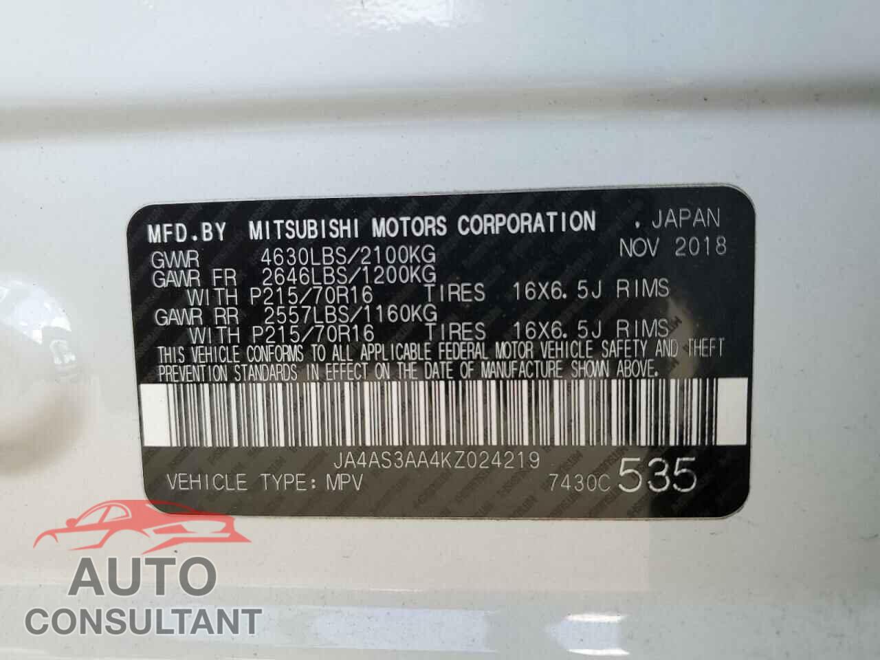 MITSUBISHI ECLIPSE 2019 - JA4AS3AA4KZ024219