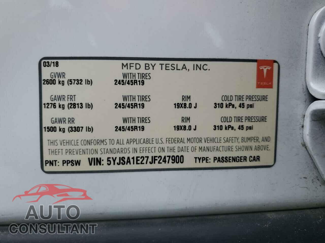 TESLA MODEL S 2018 - 5YJSA1E27JF247900