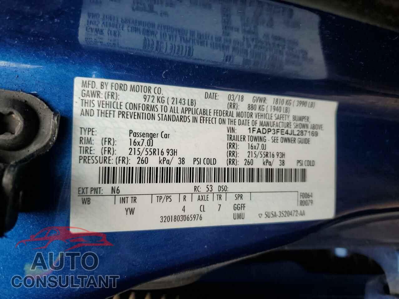 FORD FOCUS 2018 - 1FADP3FE4JL287169