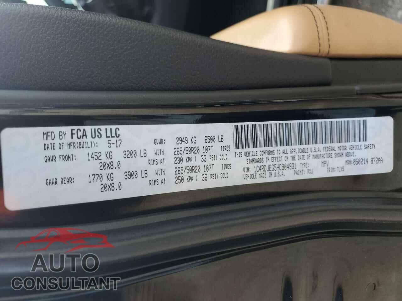 DODGE DURANGO 2017 - 1C4RDJEG5HC904931