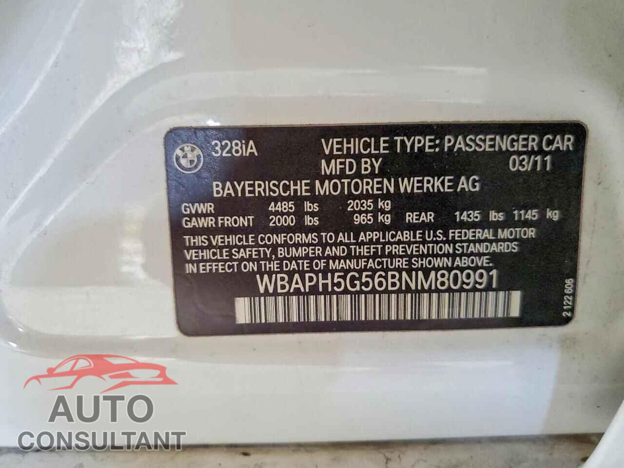 BMW 3 SERIES 2011 - WBAPH5G56BNM80991