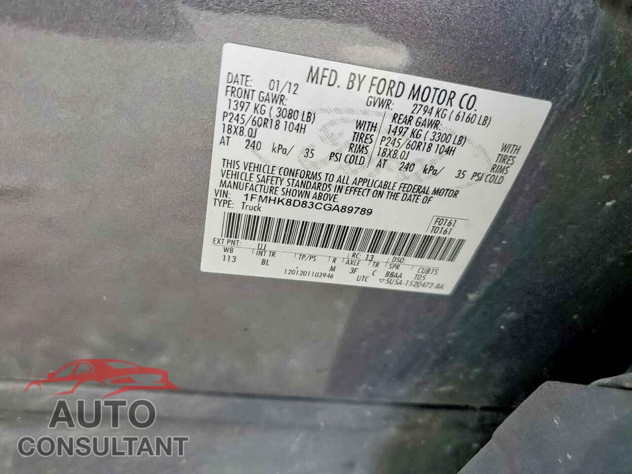 FORD EXPLORER 2012 - 1FMHK8D83CGA89789