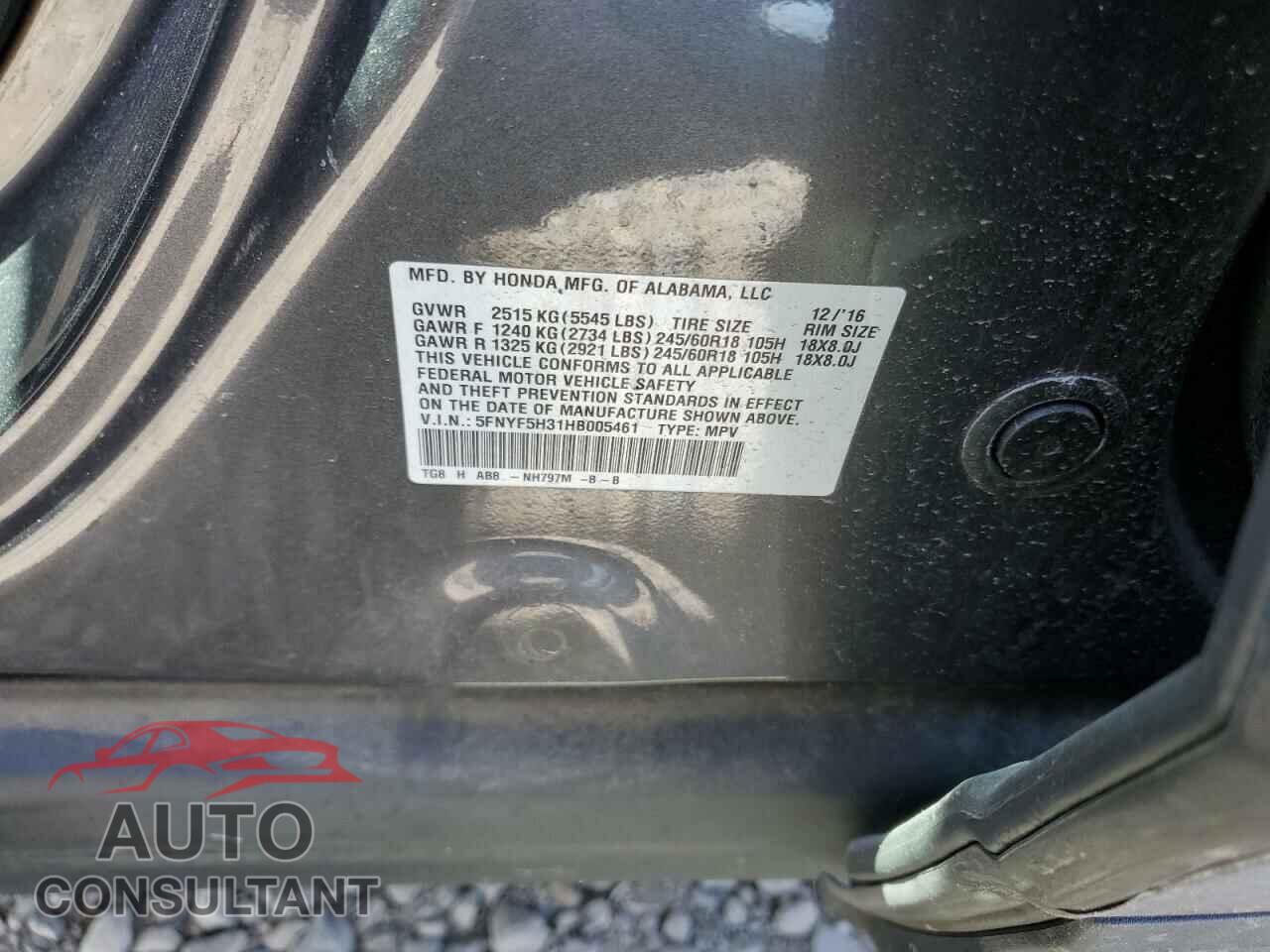 HONDA PILOT 2017 - 5FNYF5H31HB005461