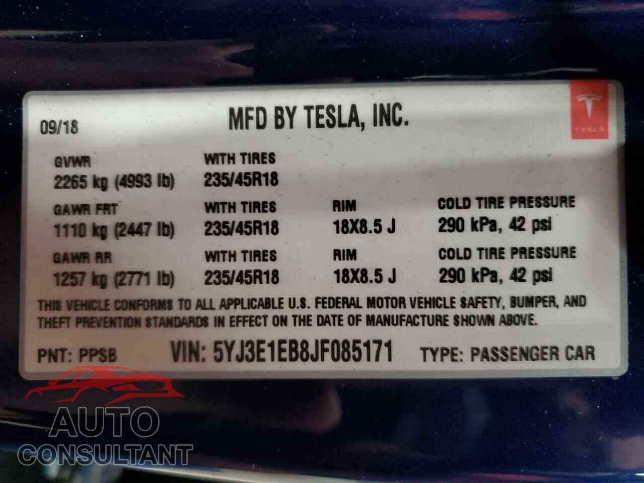 TESLA MODEL 3 2018 - 5YJ3E1EB8JF085171