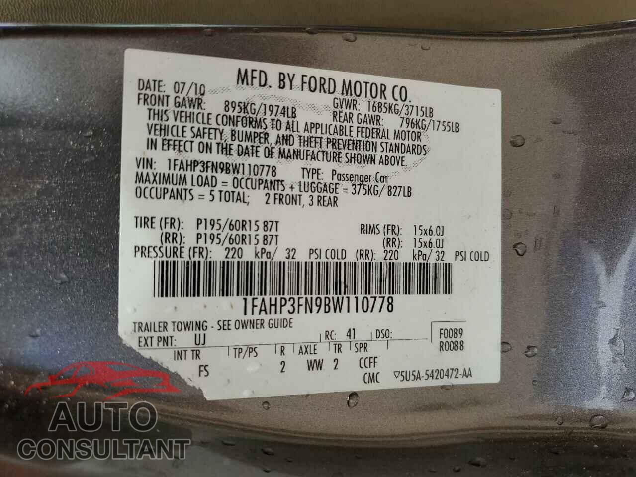 FORD FOCUS 2011 - 1FAHP3FN9BW110778