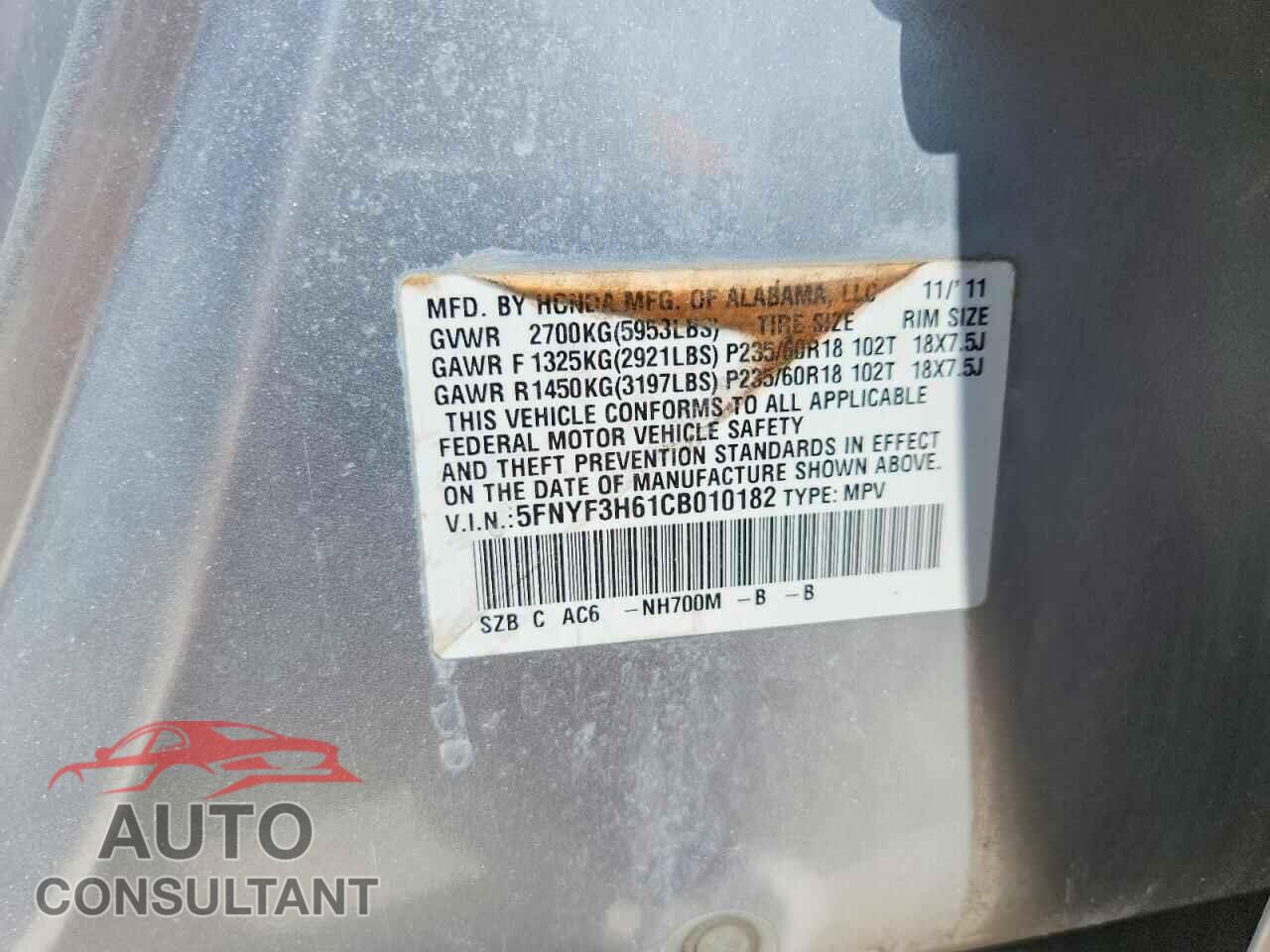 HONDA PILOT 2012 - 5FNYF3H61CB010182