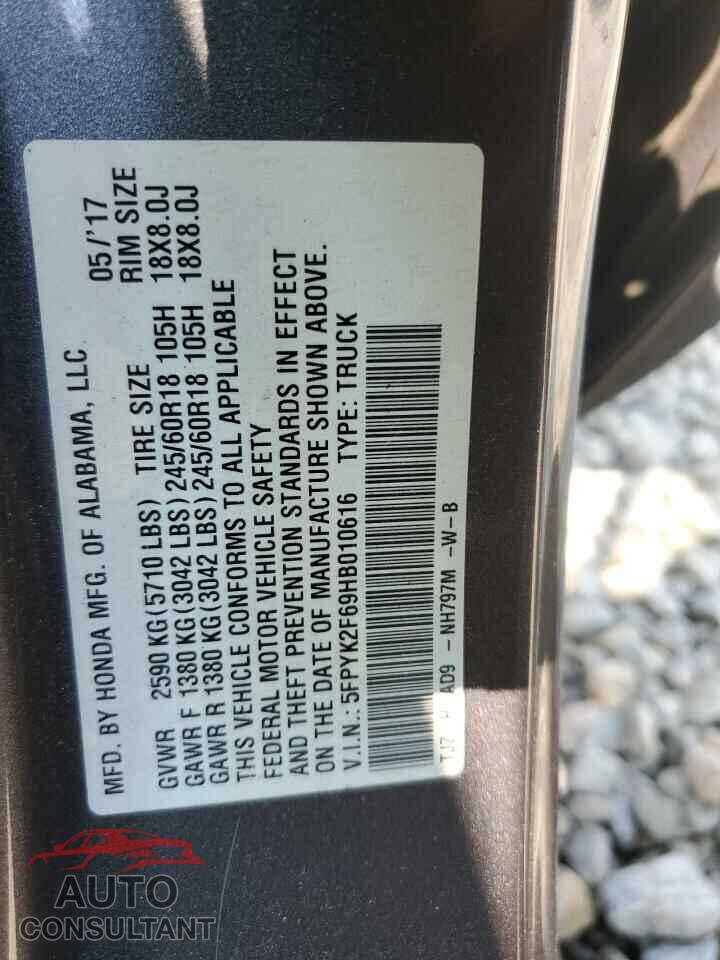 HONDA RIDGELINE 2017 - 5FPYK2F69HB010616