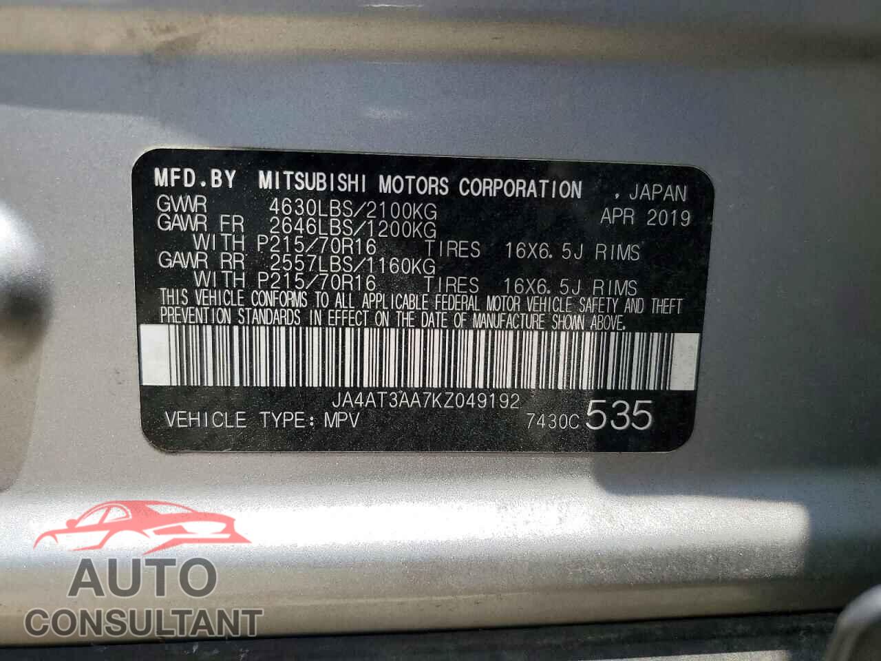 MITSUBISHI ECLIPSE 2019 - JA4AT3AA7KZ049192