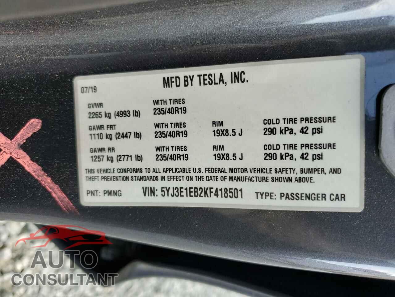 TESLA MODEL 3 2019 - 5YJ3E1EB2KF418501