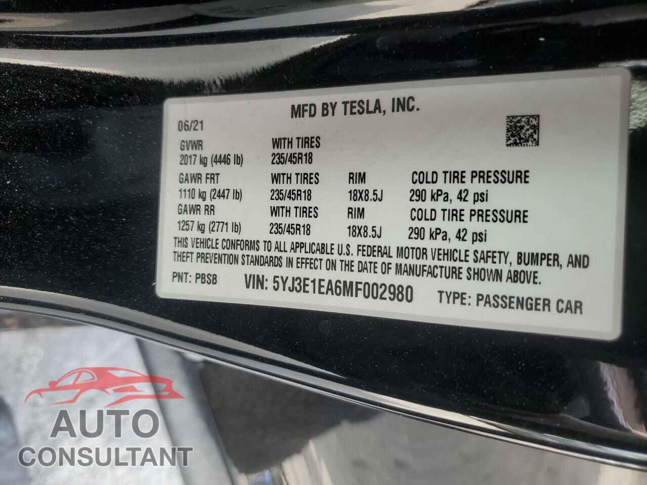 TESLA MODEL 3 2021 - 5YJ3E1EA6MF002980