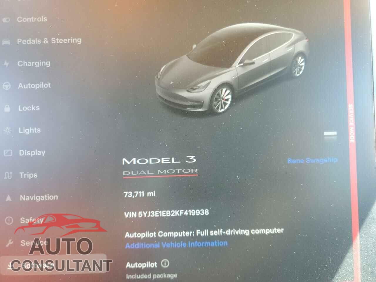 TESLA MODEL 3 2019 - 5YJ3E1EB2KF419938