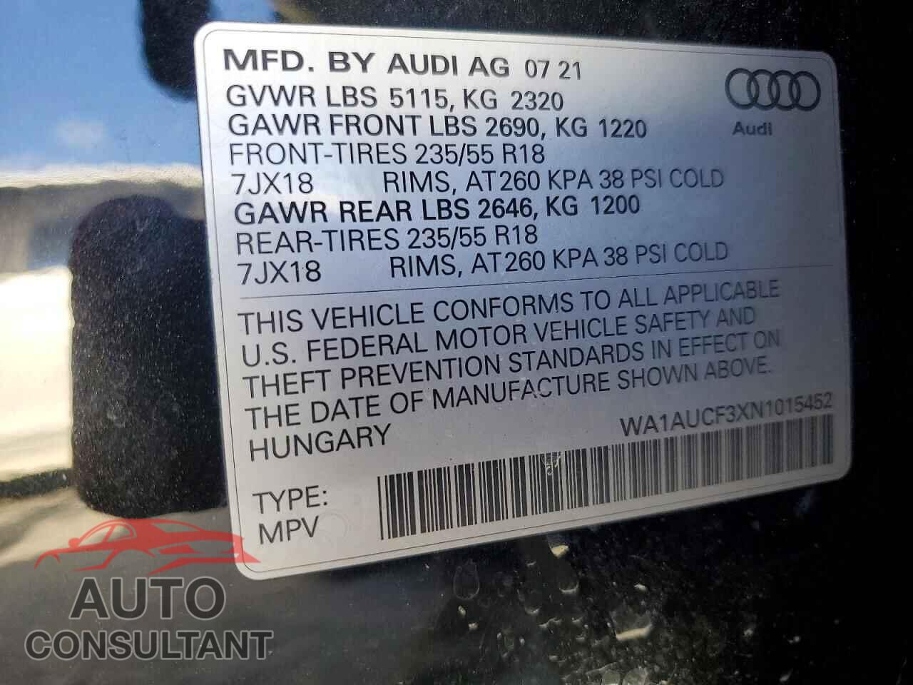 AUDI Q3 2022 - WA1AUCF3XN1015452