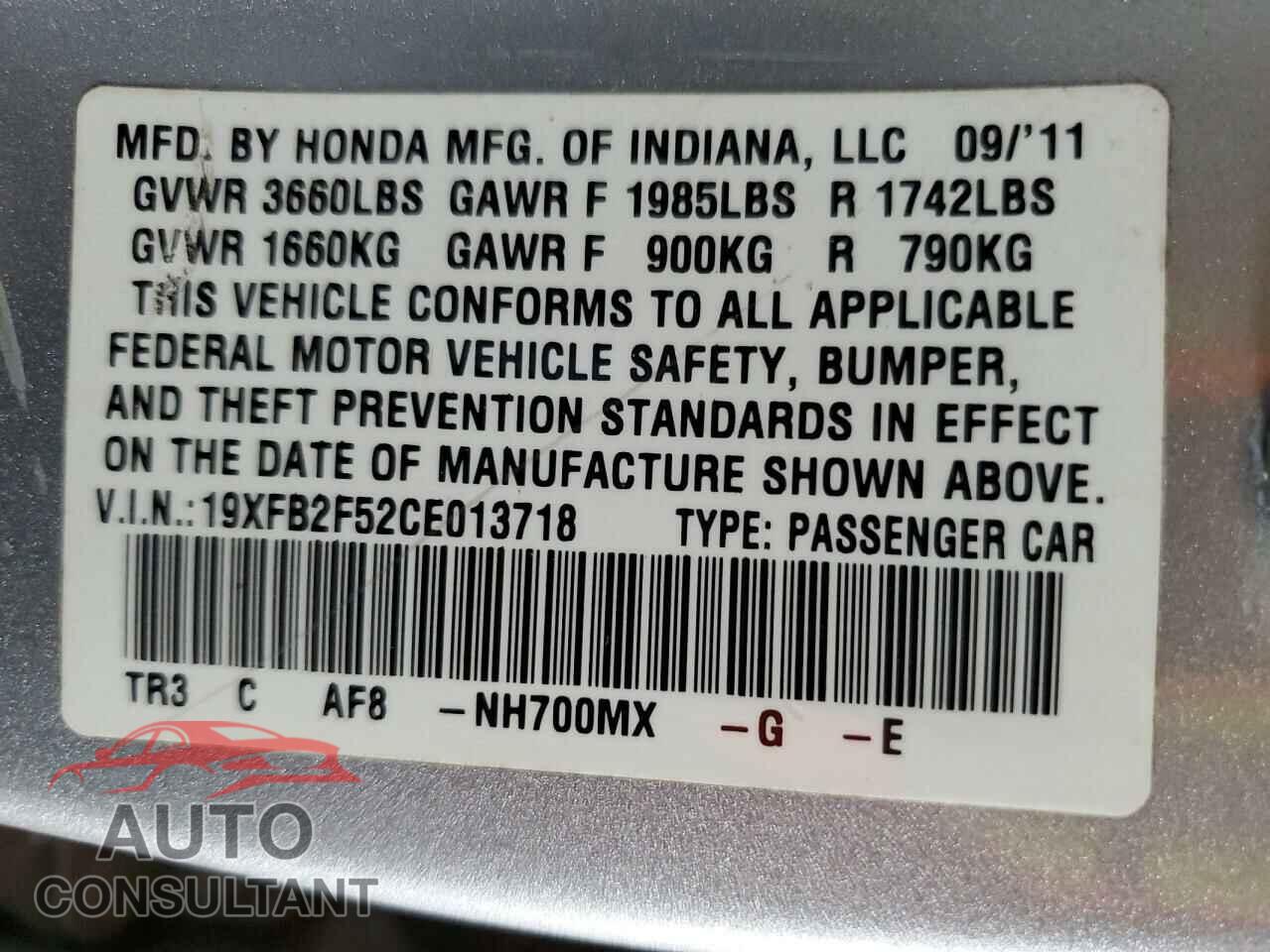 HONDA CIVIC 2012 - 19XFB2F52CE013718
