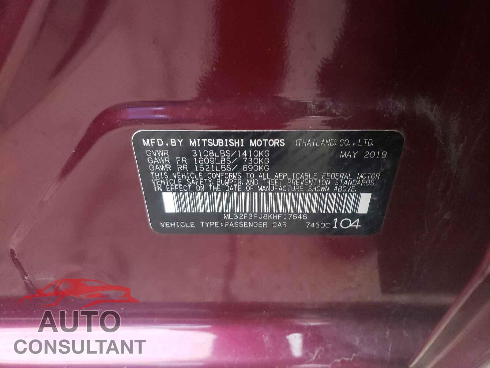 MITSUBISHI MIRAGE 2019 - ML32F3FJ8KHF17646