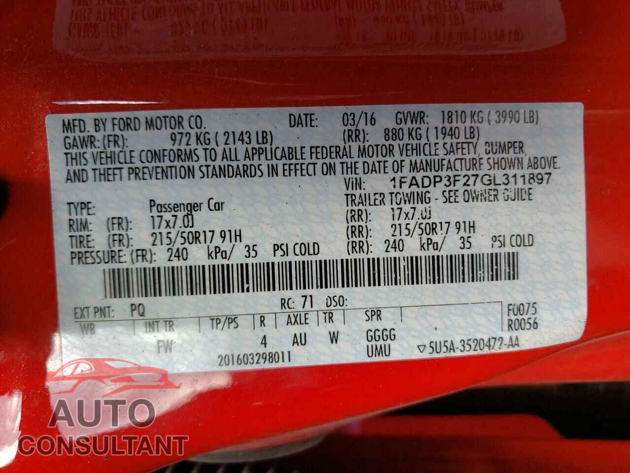 FORD FOCUS 2016 - 1FADP3F27GL311897