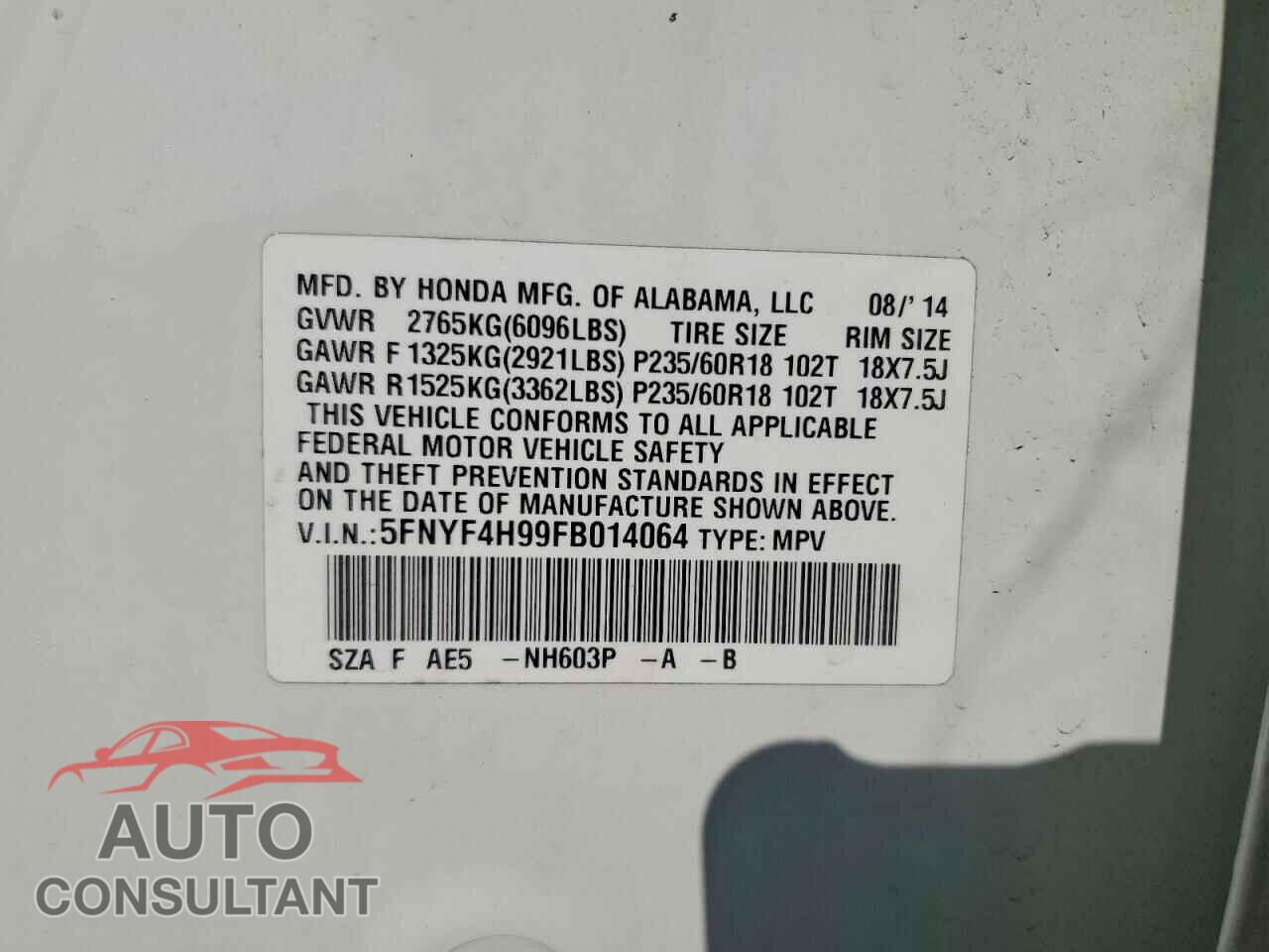 HONDA PILOT 2015 - 5FNYF4H99FB014064