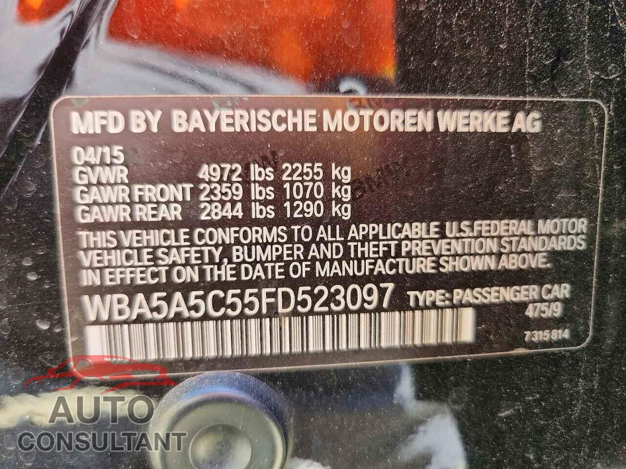 BMW 5 SERIES 2015 - WBA5A5C55FD523097