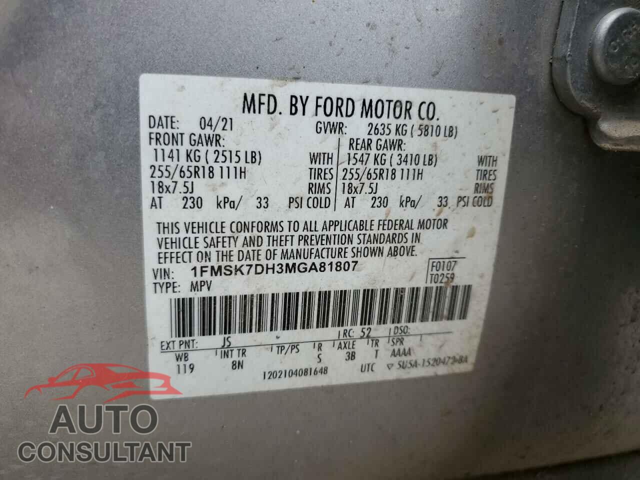 FORD EXPLORER 2021 - 1FMSK7DH3MGA81807