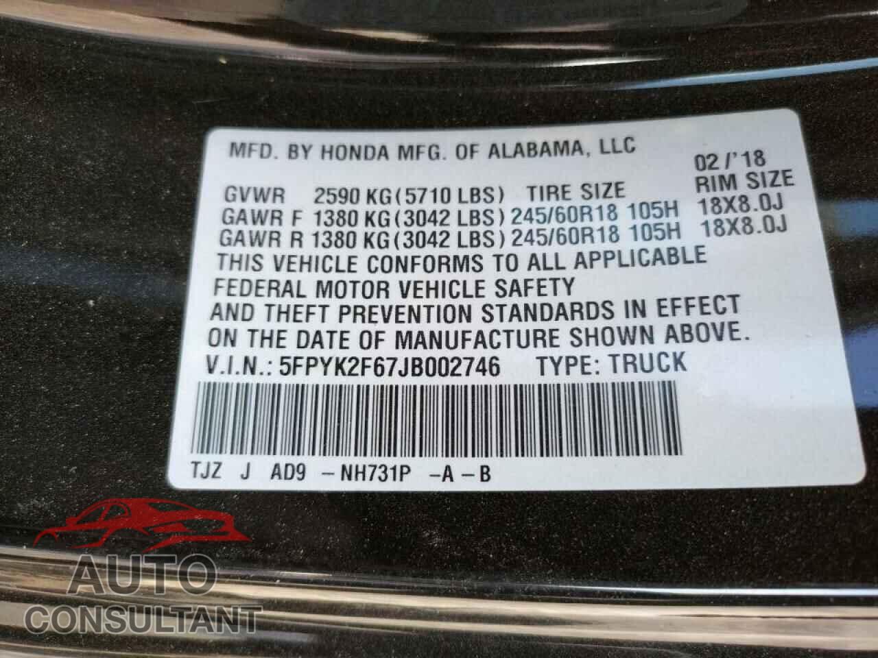 HONDA RIDGELINE 2018 - 5FPYK2F67JB002746