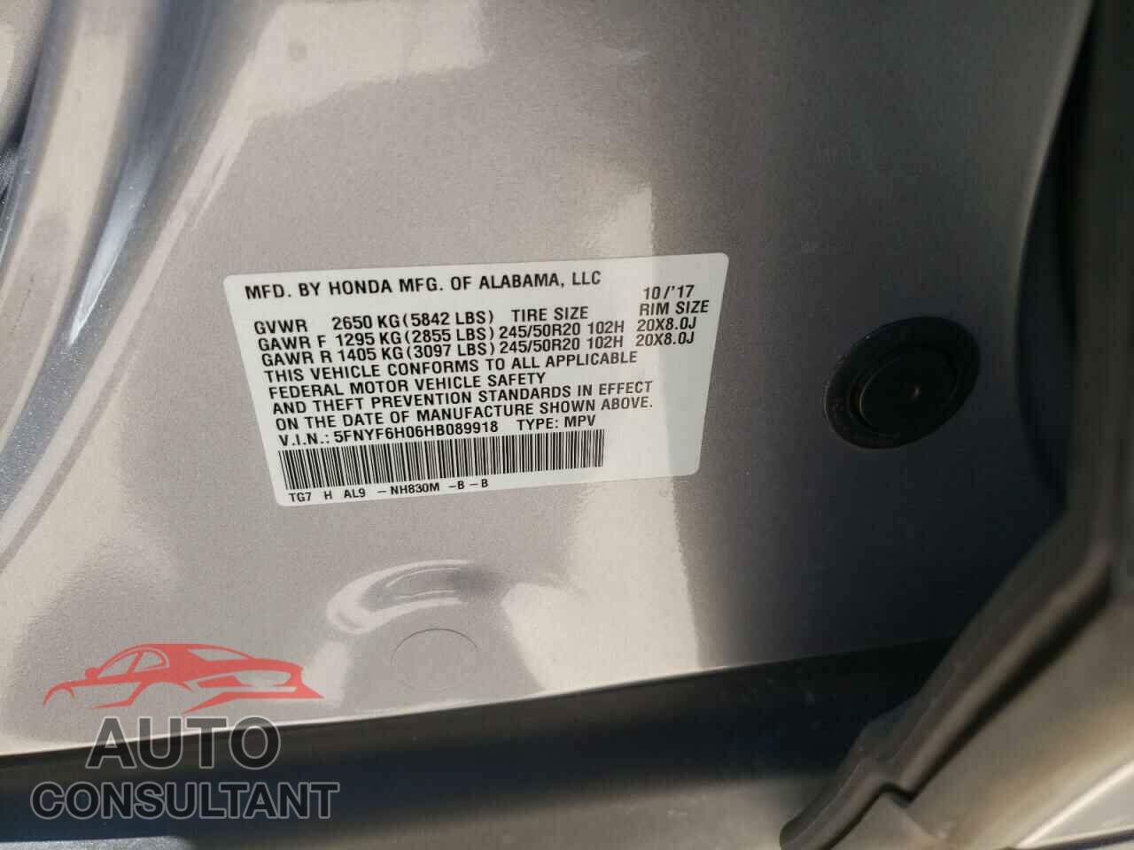 HONDA PILOT 2017 - 5FNYF6H06HB089918