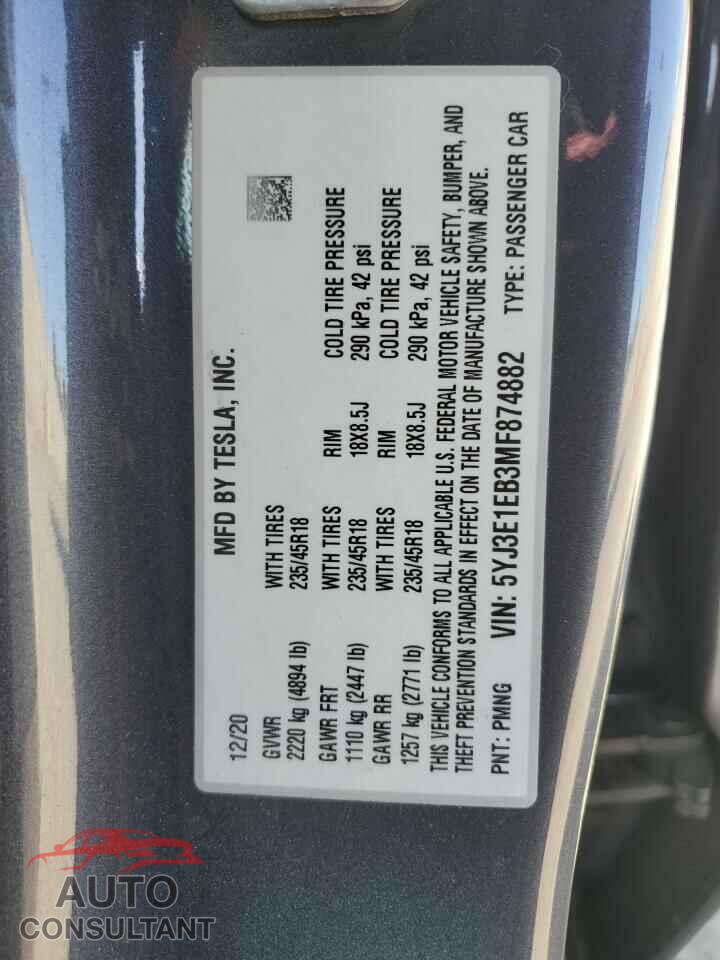 TESLA MODEL 3 2021 - 5YJ3E1EB3MF874882