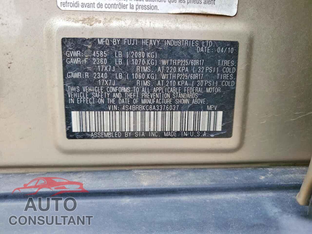 SUBARU OUTBACK 2010 - 4S4BRBKC8A3376037