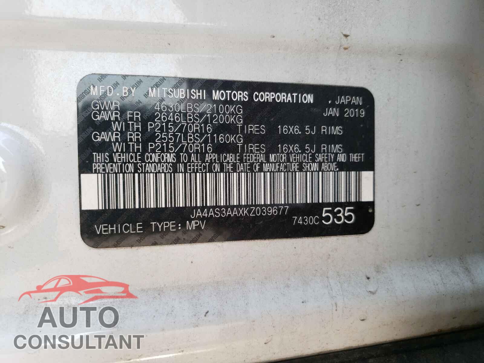 MITSUBISHI ECLIPSE 2019 - JA4AS3AAXKZ039677