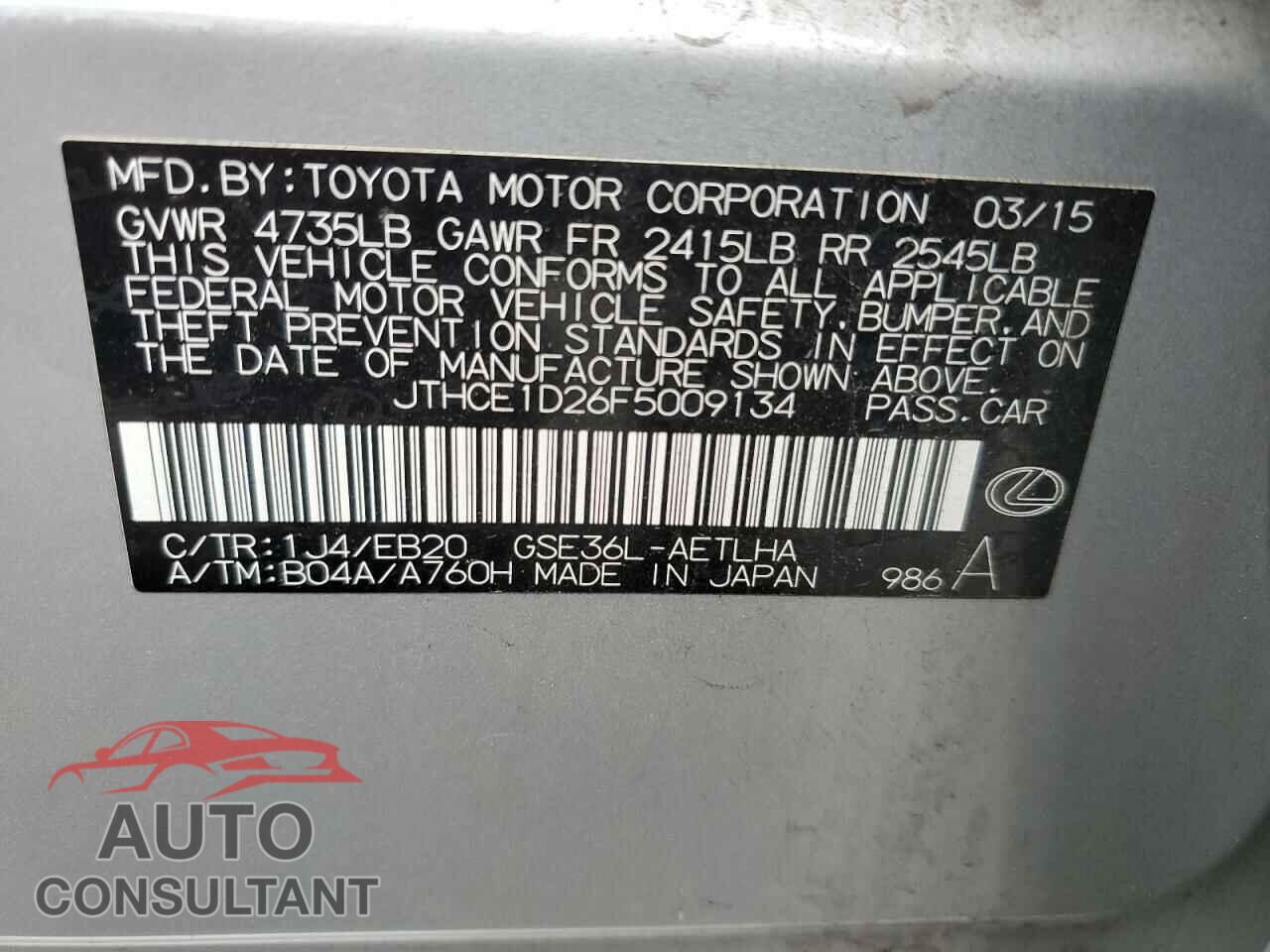 LEXUS IS 2015 - JTHCE1D26F5009134