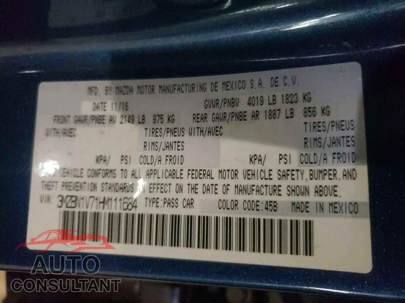 MAZDA 3 2017 - 3MZBN1V71HM111684