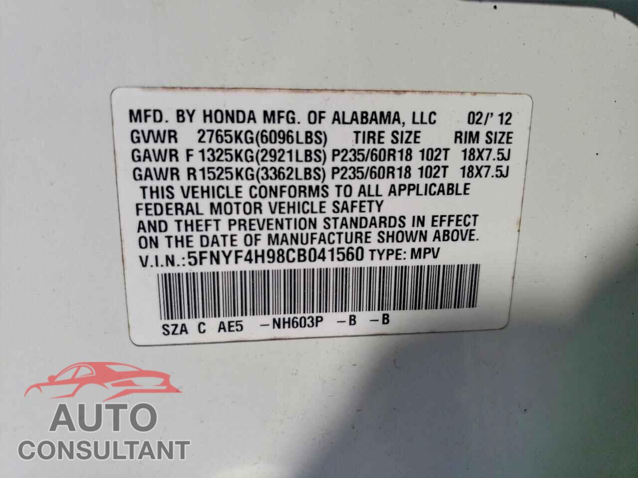 HONDA PILOT 2012 - 5FNYF4H98CB041560