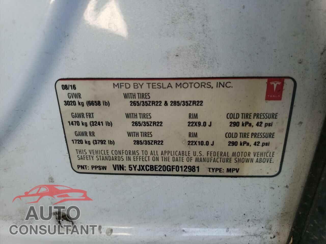 TESLA MODEL X 2016 - 5YJXCBE20GF012981