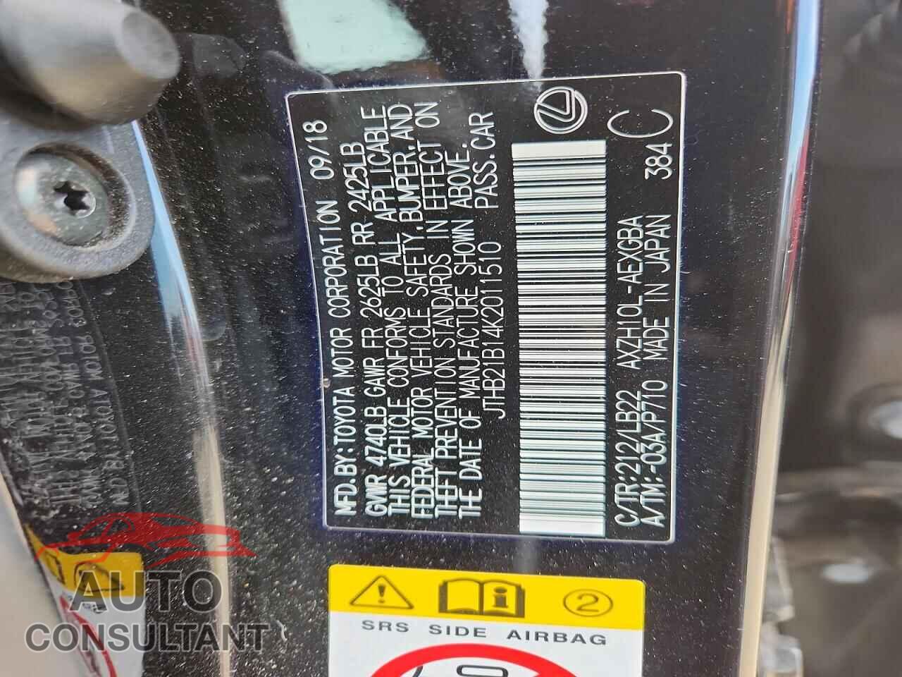 LEXUS ES300 2019 - JTHB21B14K2011510