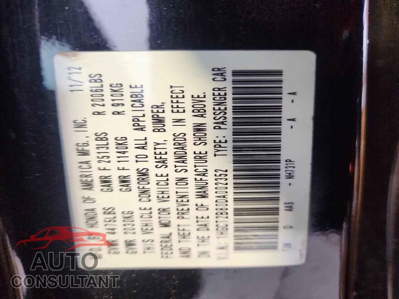 HONDA ACCORD 2013 - 1HGCT2B80DA002352