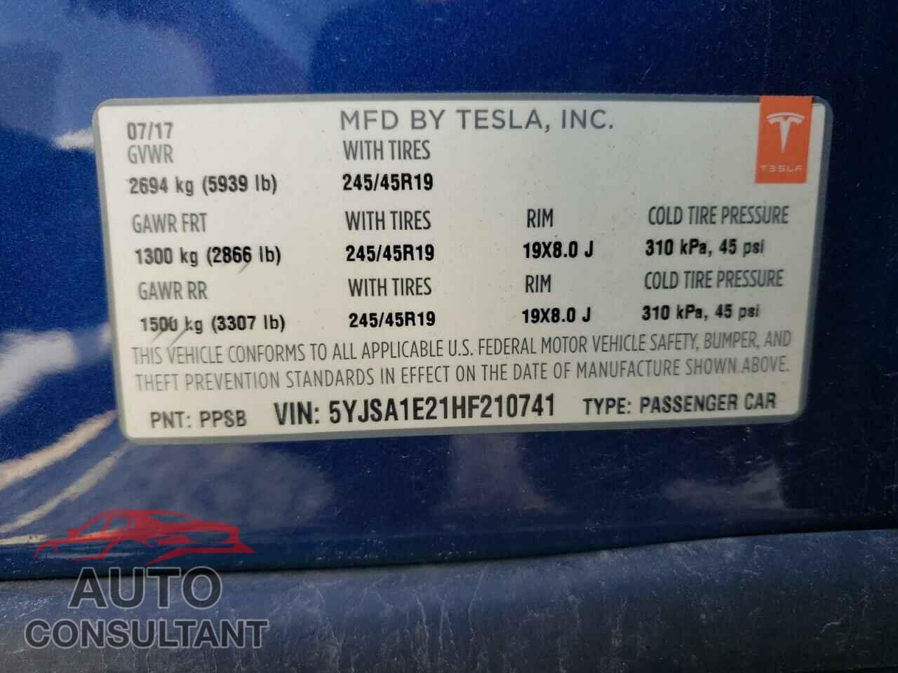 TESLA MODEL S 2017 - 5YJSA1E21HF210741