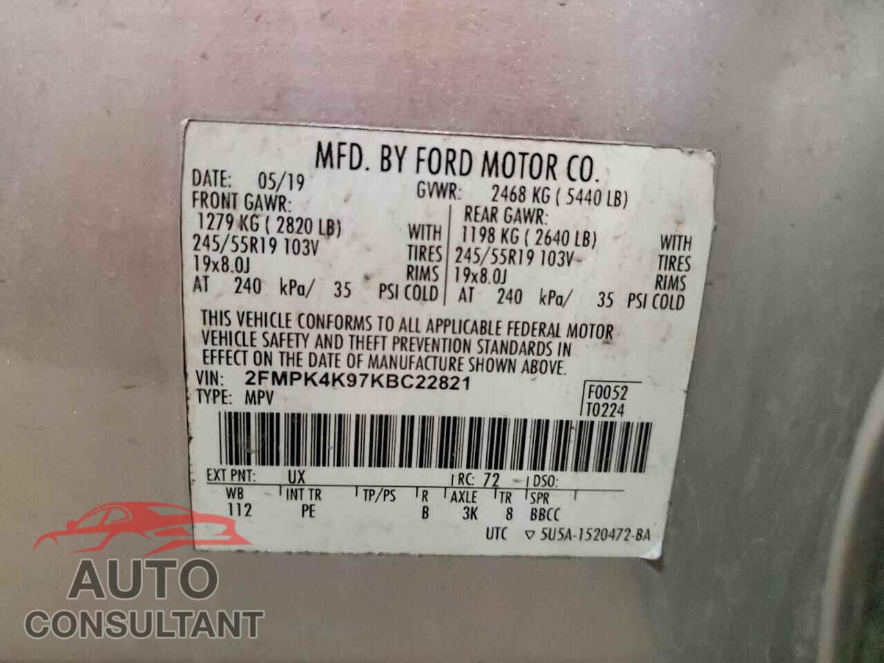 FORD EDGE 2019 - 2FMPK4K97KBC22821