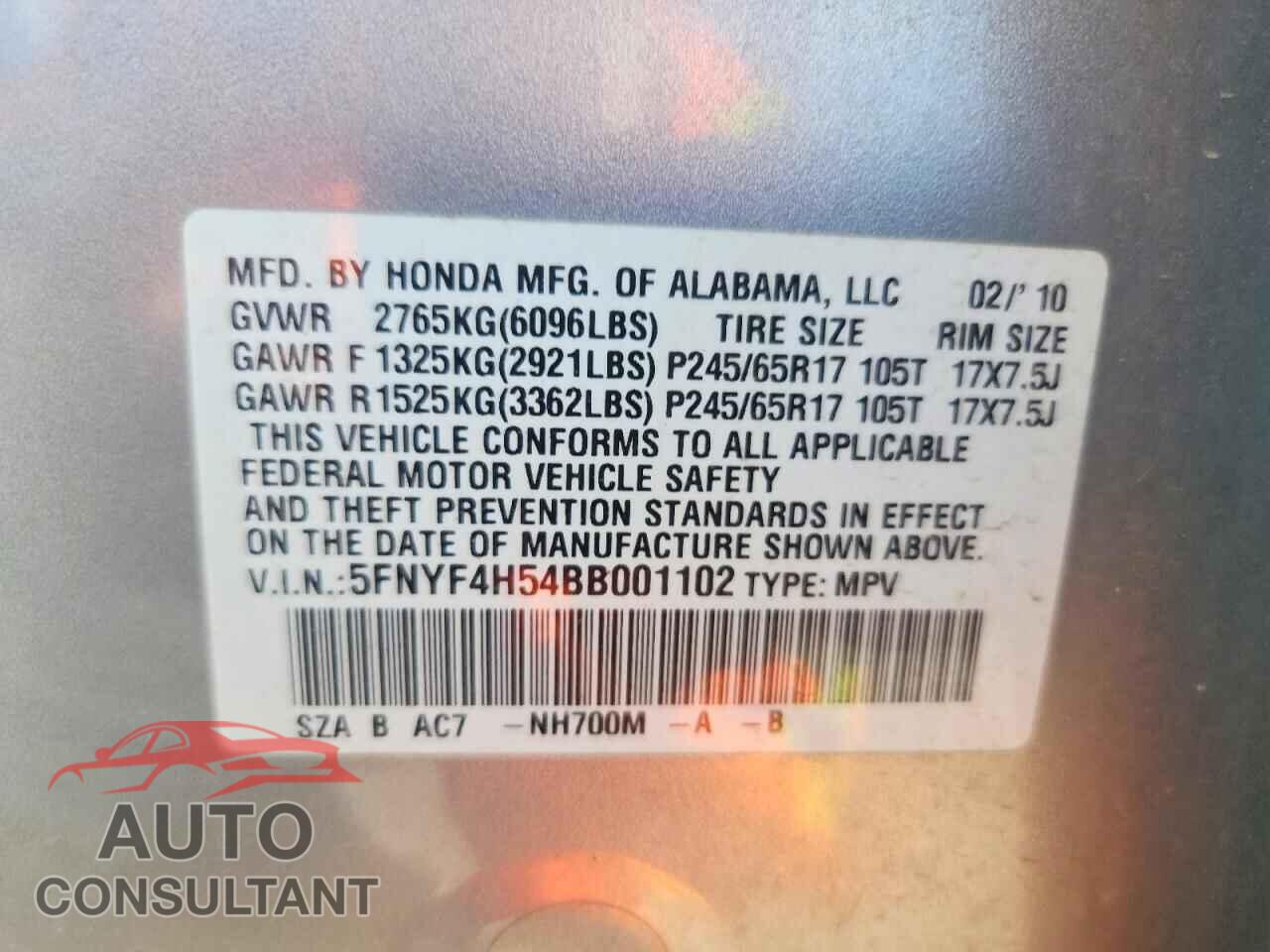 HONDA PILOT 2011 - 5FNYF4H54BB001102