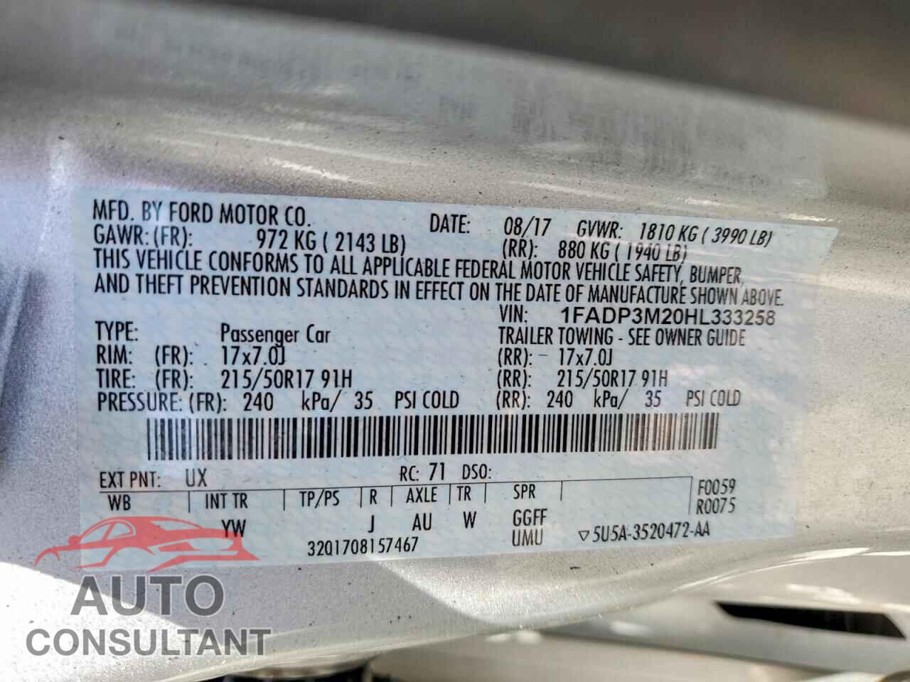 FORD FOCUS 2017 - 1FADP3M20HL333258
